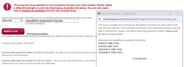 Formulary Search Tool Screenshot