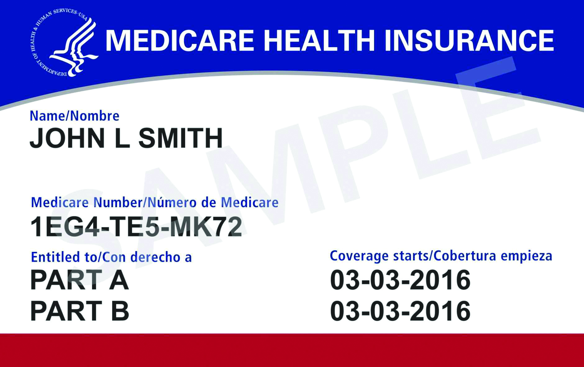 Sample of a Medicare Card with Medicare Part A and Part B coverage dates