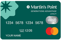 Graphic showing a Martin's Point Generations Advantage prepaid debit card with the text 'Prepaid debit card for 2025!' on the left side.