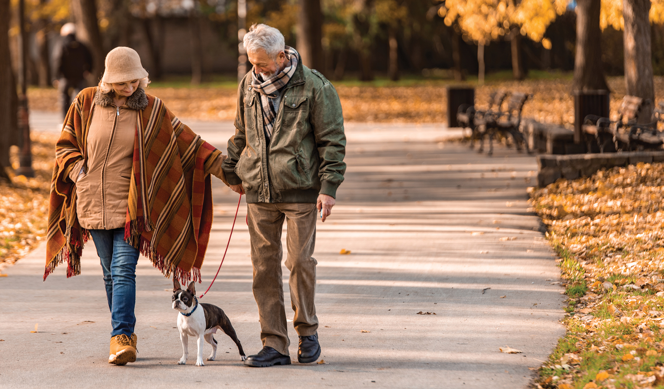senior couple walking dog