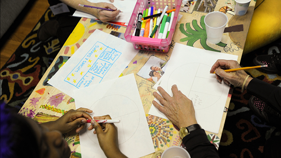 People engaged in a wishes and dreams writing activity.