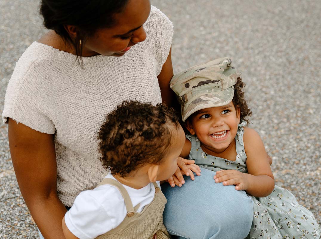 young mom with two children at military base