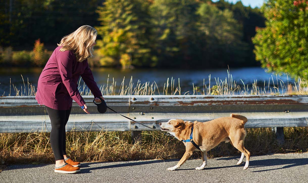 woman walking dog in park
