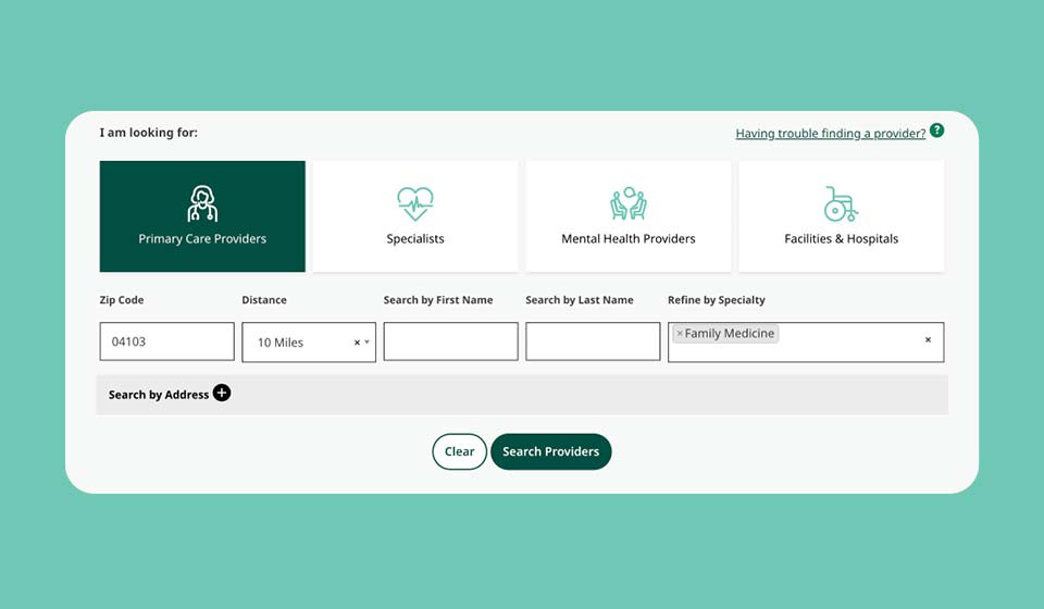 Provider search tool interface showing options for primary care, specialists, and facilities.