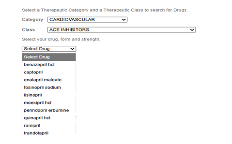 Formulary search tool displaying therapeutic category and drug class filters with ACE inhibitor medication results.
