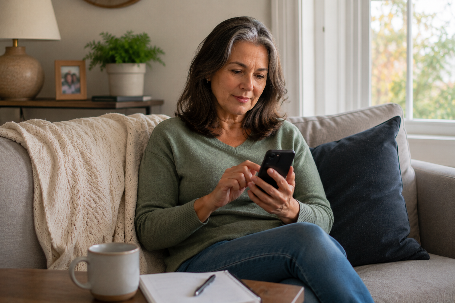 Woman using her smartphone at home to manage a health care appointment.