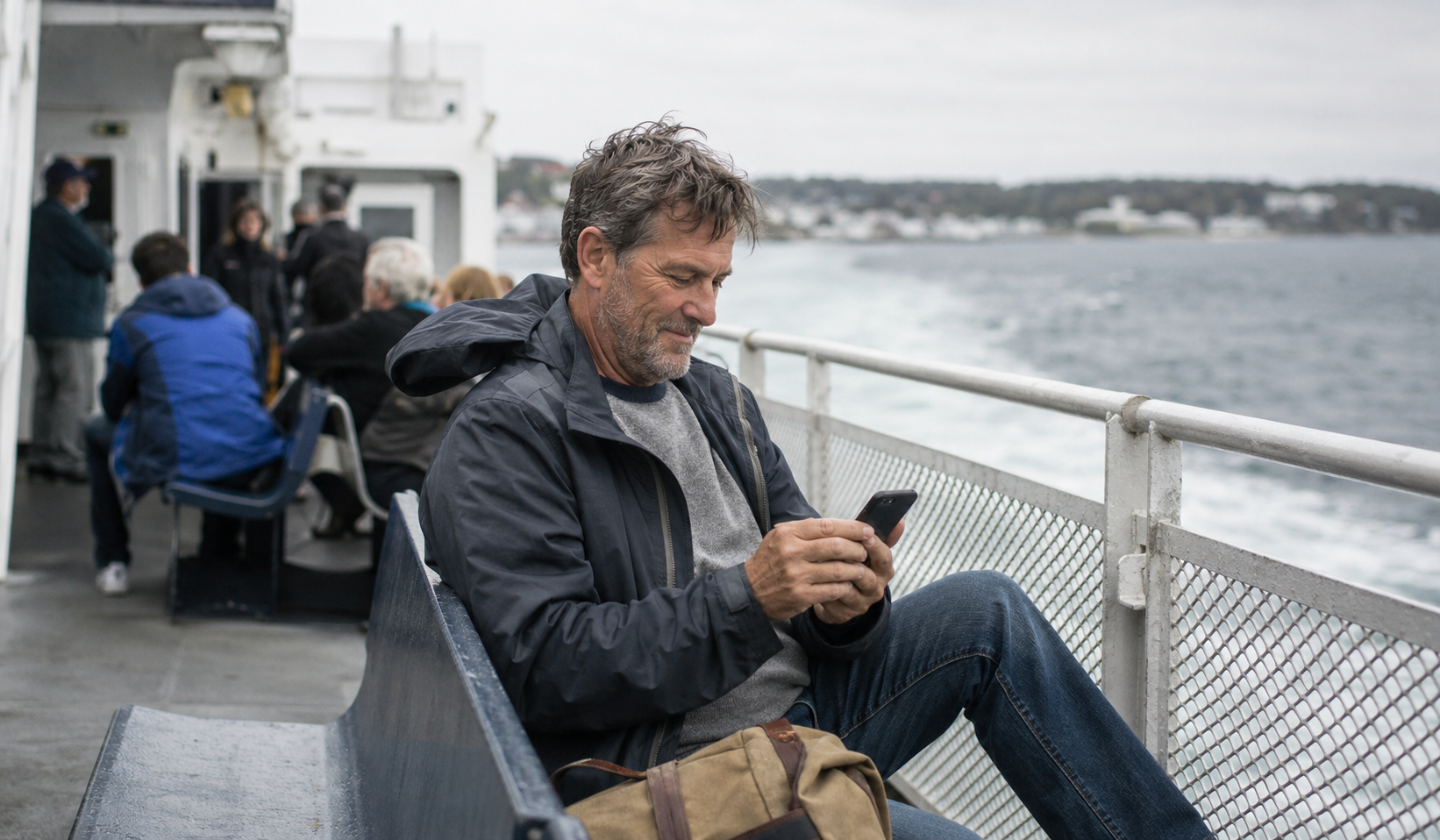 Member using a smartphone during a ferry ride.
