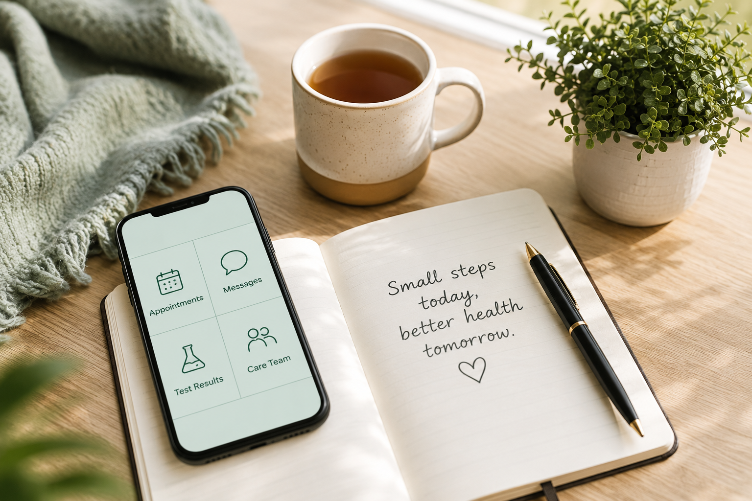 Smartphone displaying a patient portal app features beside a notebook, pen, tea, and plant on a desk.
