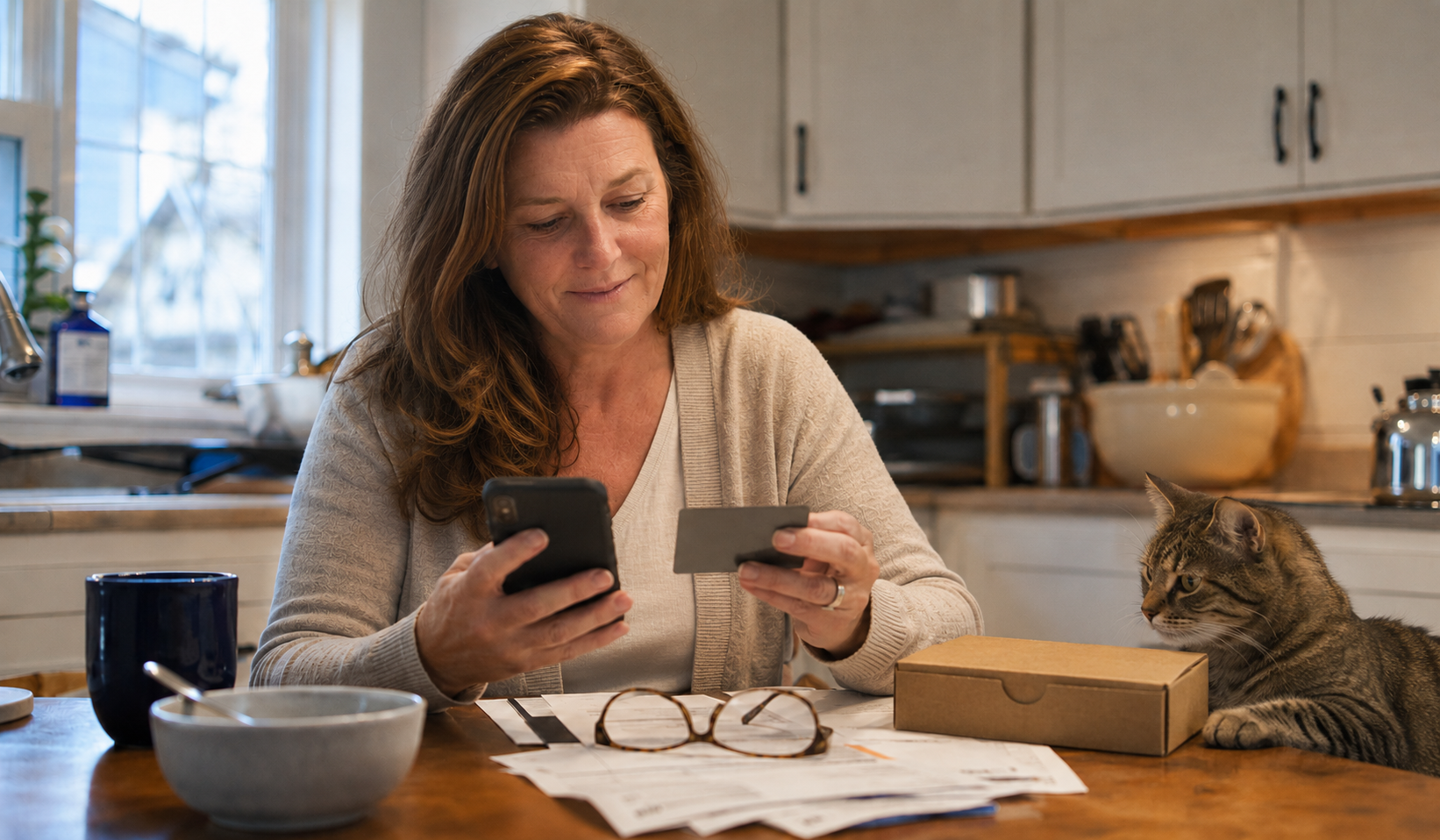 Woman updating payment information on her smartphone beside a mail-order prescription package.