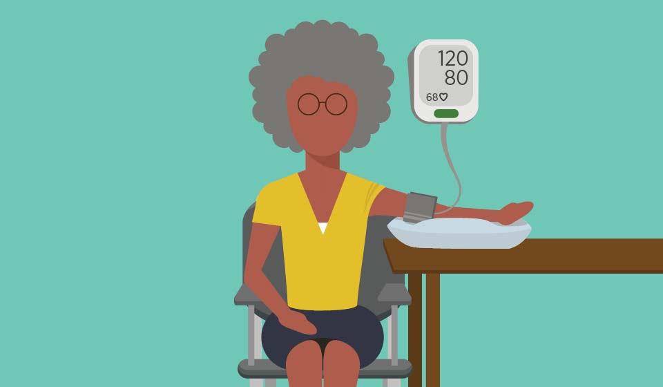 Illustration of a woman sitting with her arm supported while checking blood pressure at 120/80.
