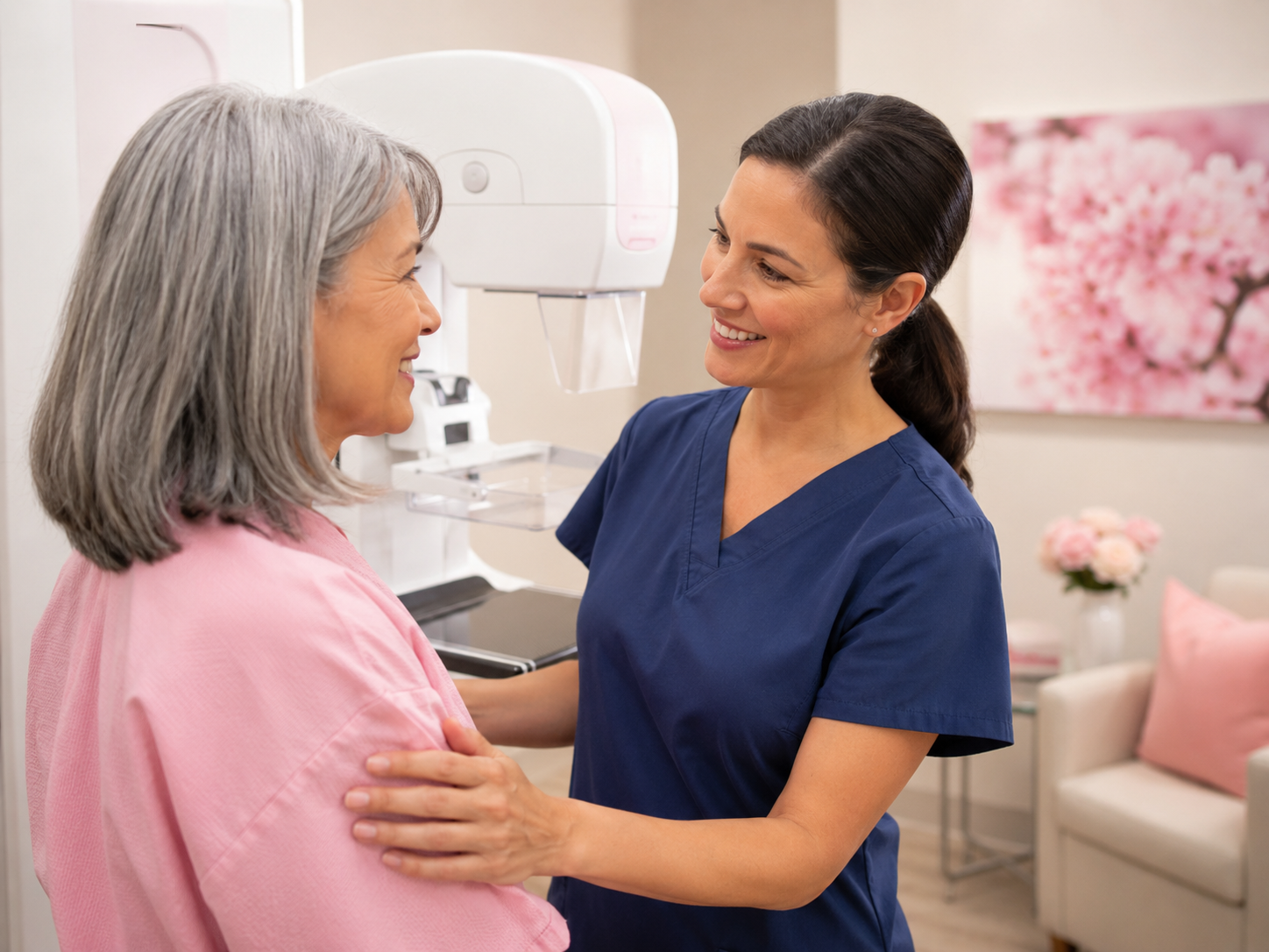 A healthcare professional smiles with a patient in a mammography clinic before a breast cancer screening.