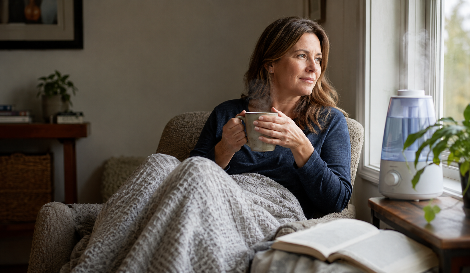 Woman resting with a warm drink and humidifier while recovering from a chest cold.