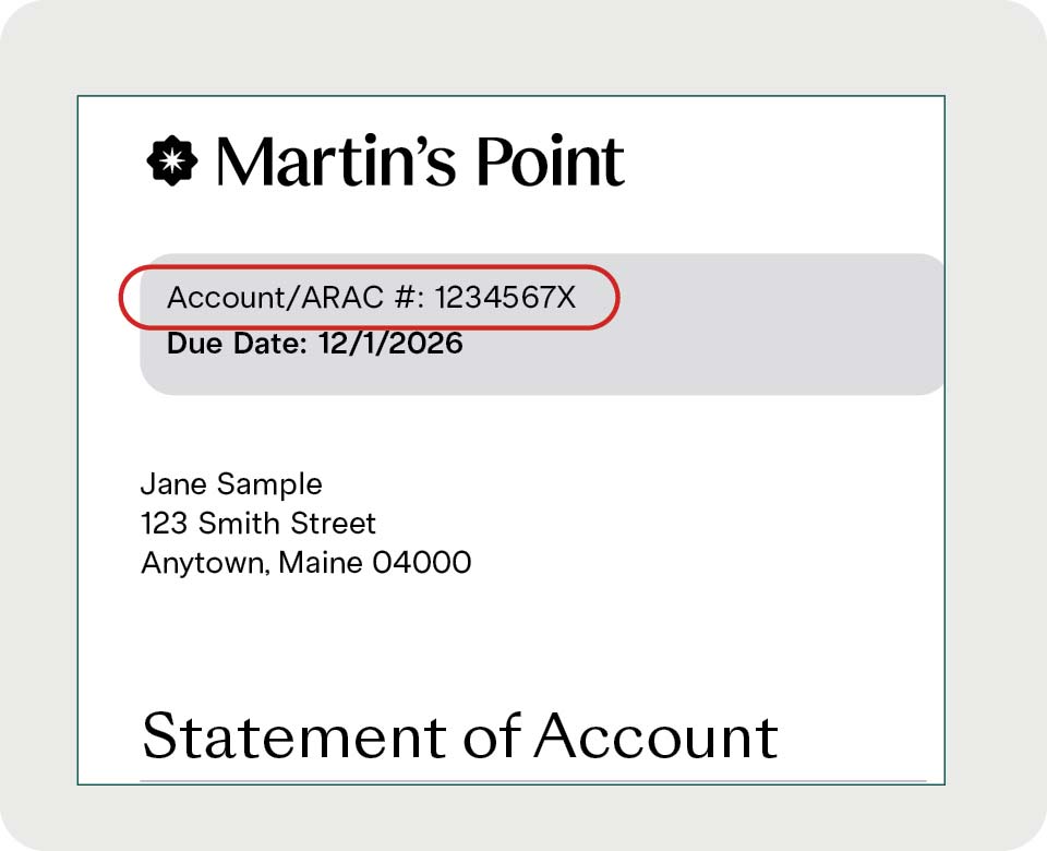Sample Martin’s Point premium invoice showing the Account/ARAC number circled in red.