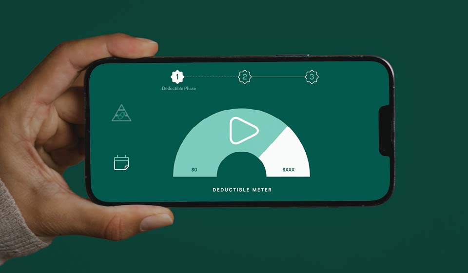 Smartphone displaying a deductible meter tracking health plan costs.