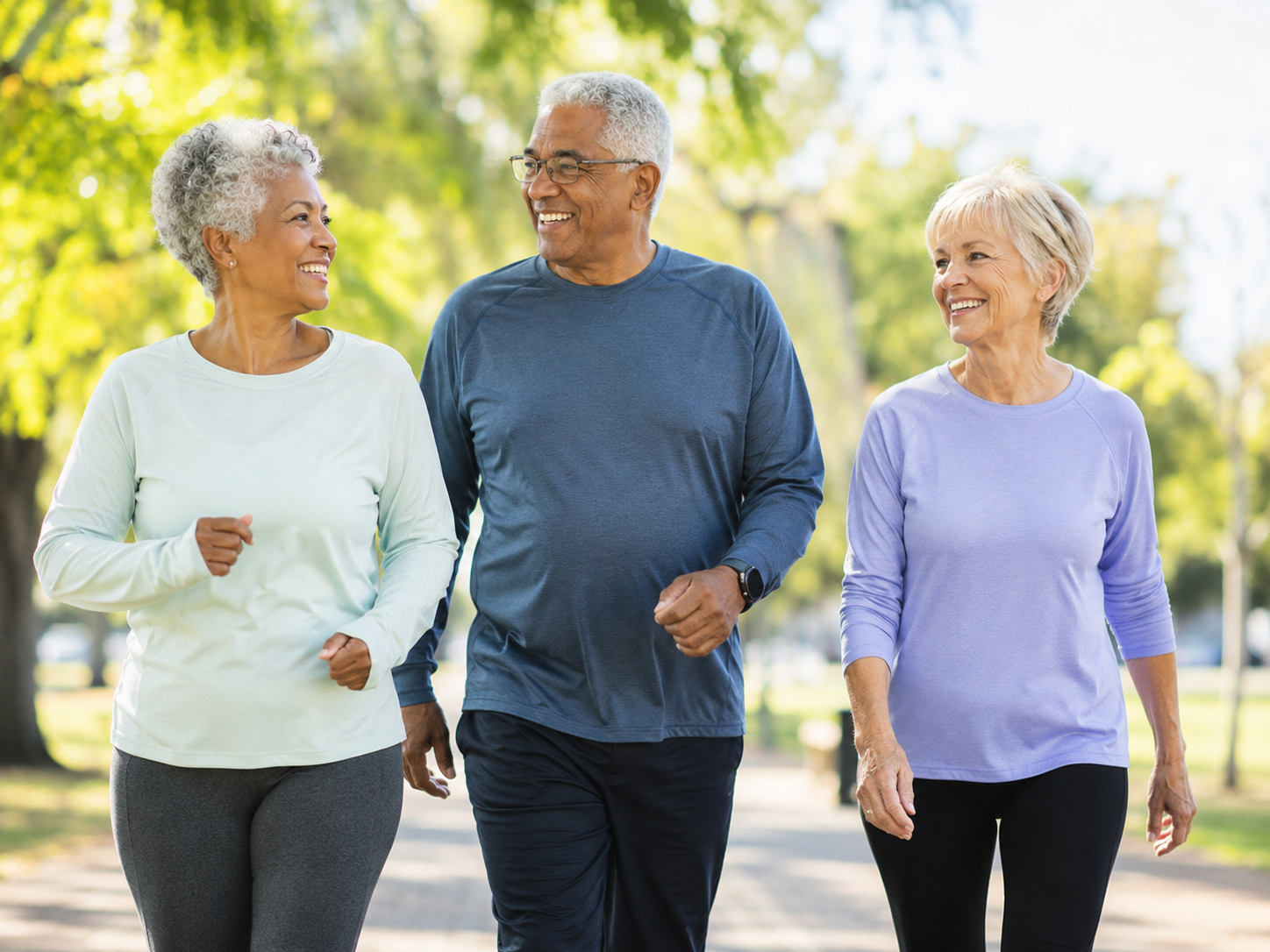 Three older adults walk together outdoors on a sunny park path.
