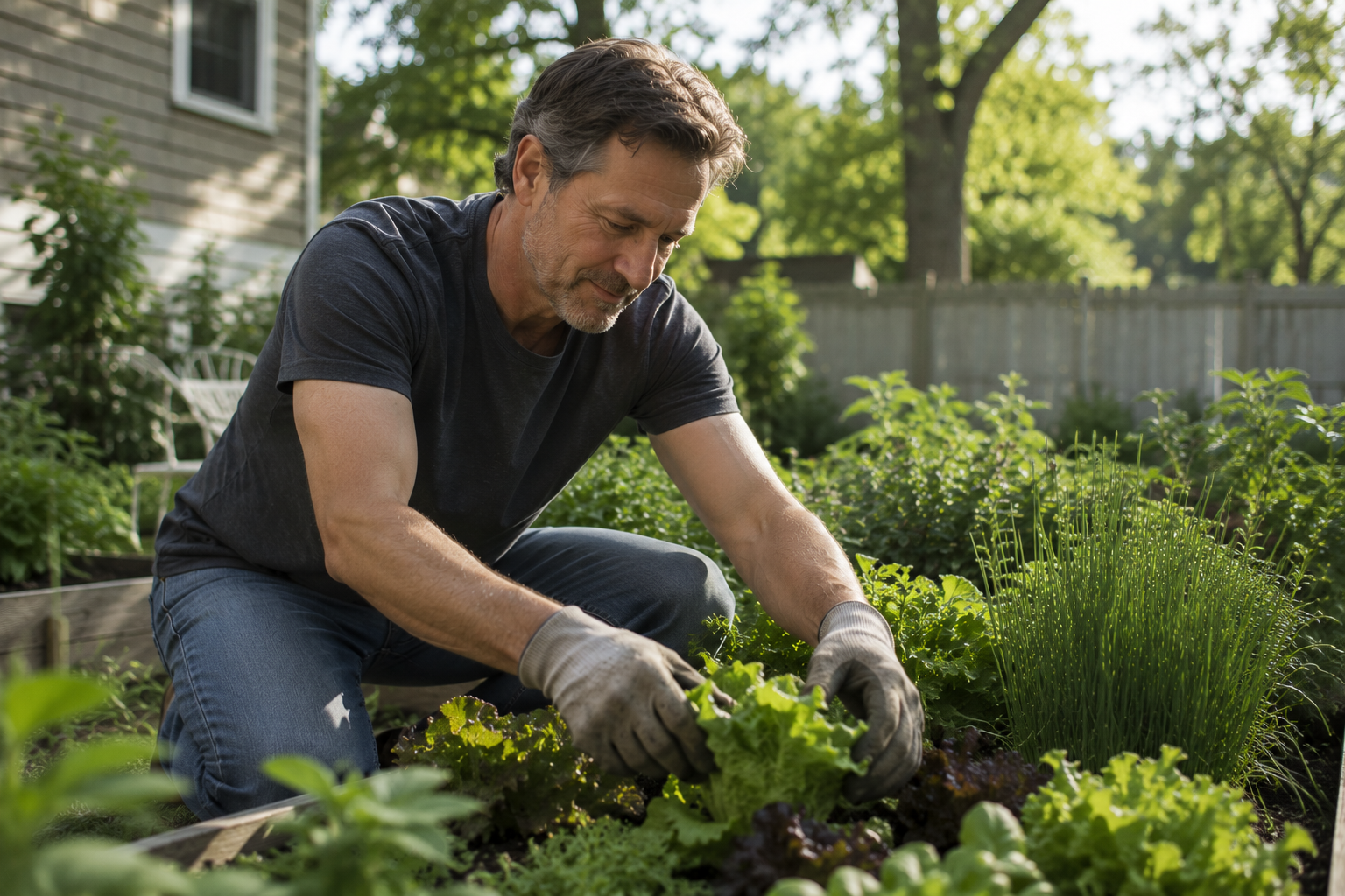 Middle-aged man tending a vegetable garden in his backyard as part of a healthy, active lifestyle.
