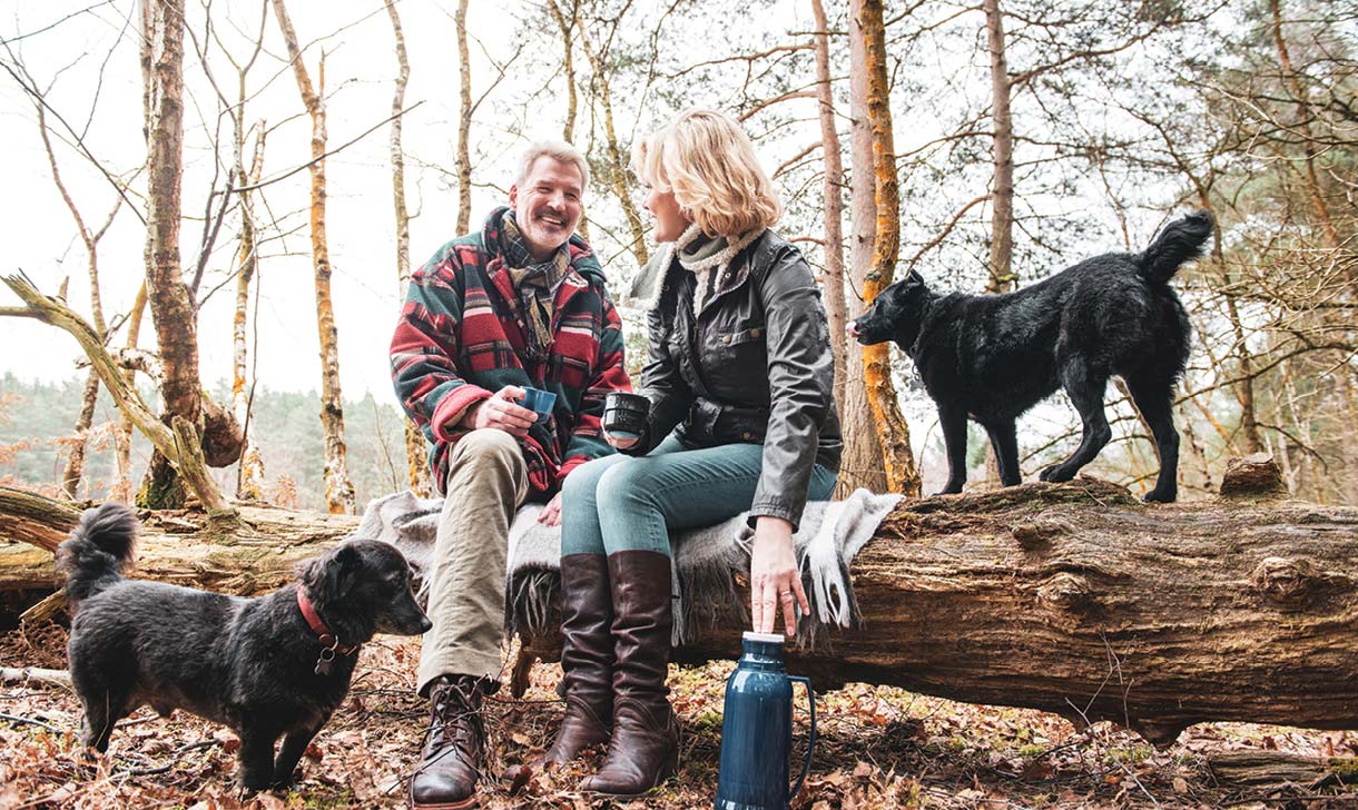 Senior couple sitting on a log outdoors with their dogs.