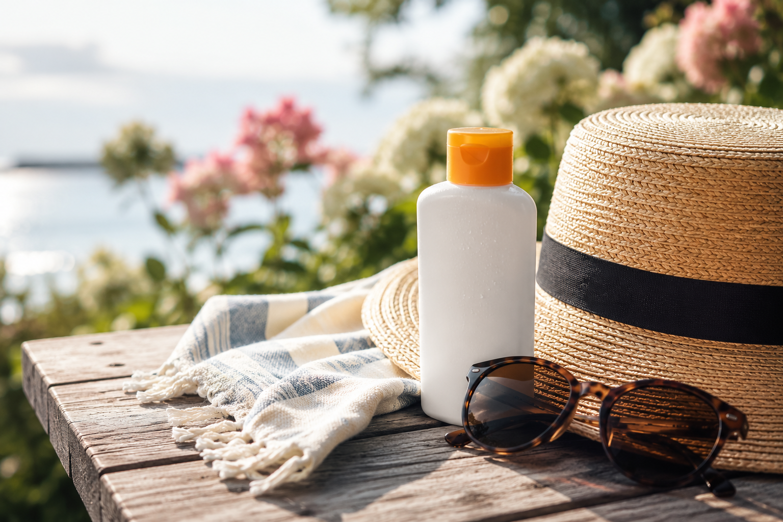 Sun hat, sunscreen and sunglasses on an outdoor table in the summer sunshine.