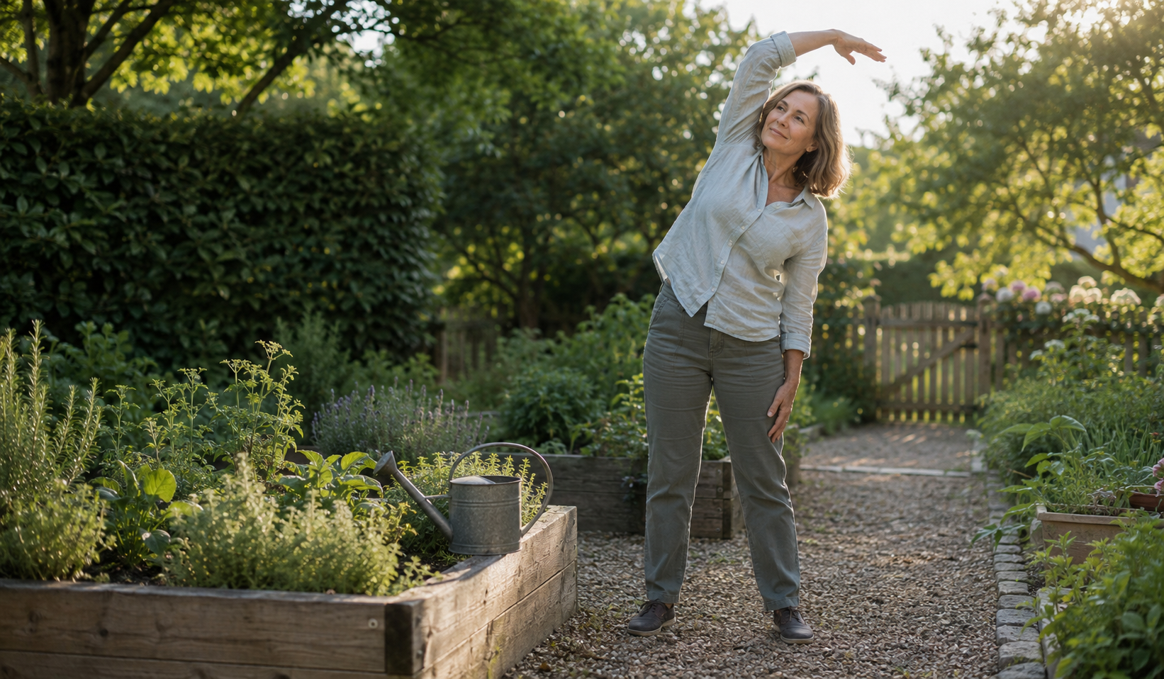 Woman gently stretching in her garden to support low back pain recovery.