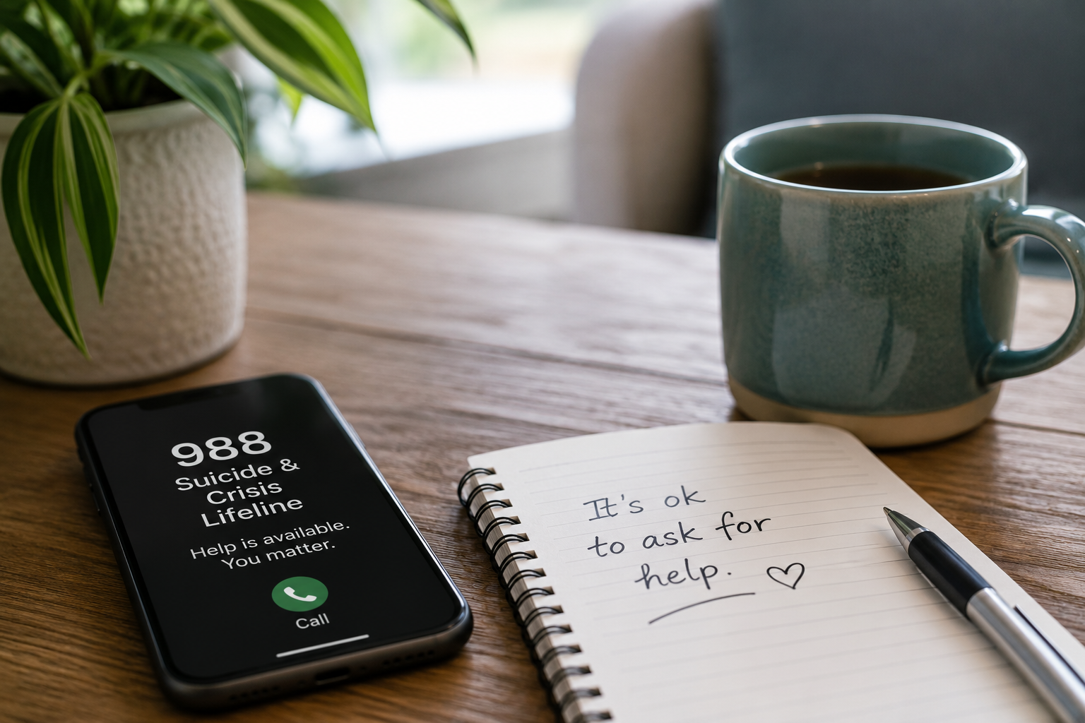 Phone displaying the 988 Suicide and Crisis Lifeline beside a notebook with a supportive handwritten message.