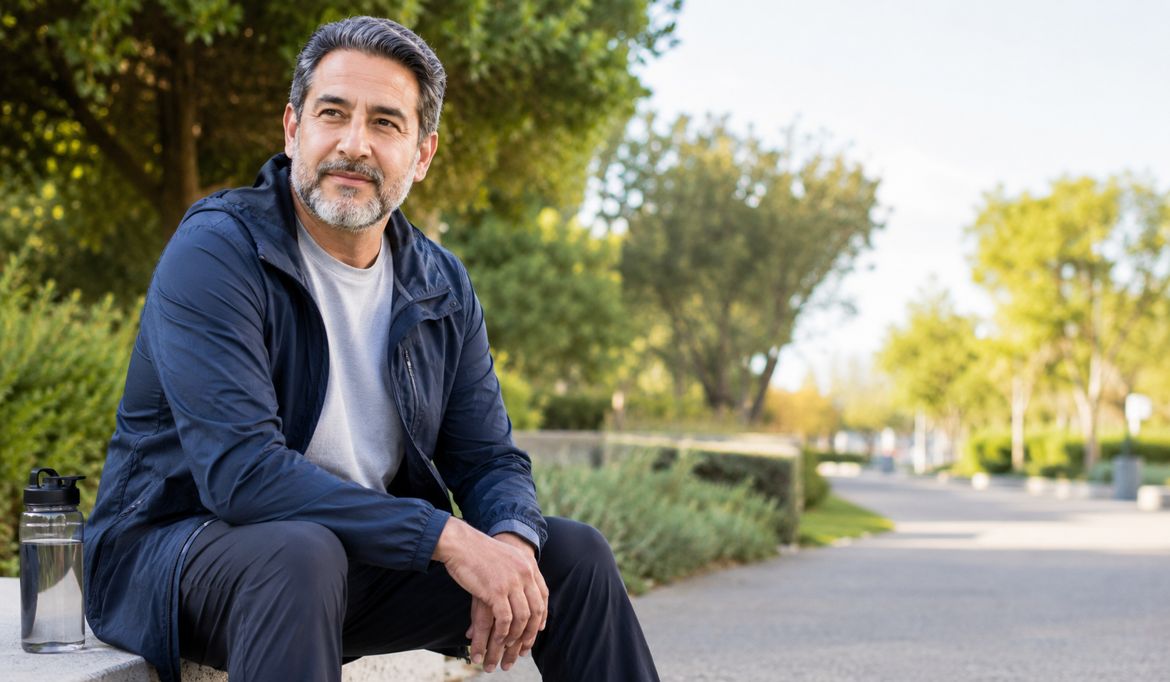 Man sitting outdoors in a quiet park setting, reflecting on mental health and wellness.