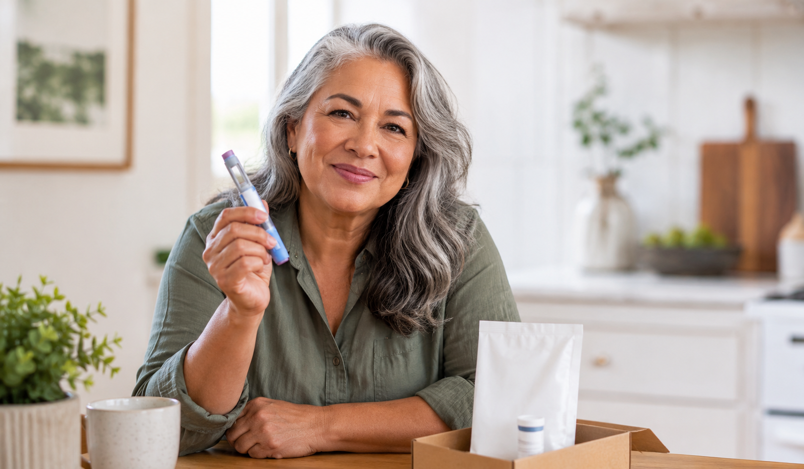 Older woman holding a GLP-1 medication pen at home with a mail-order pharmacy package on the table.