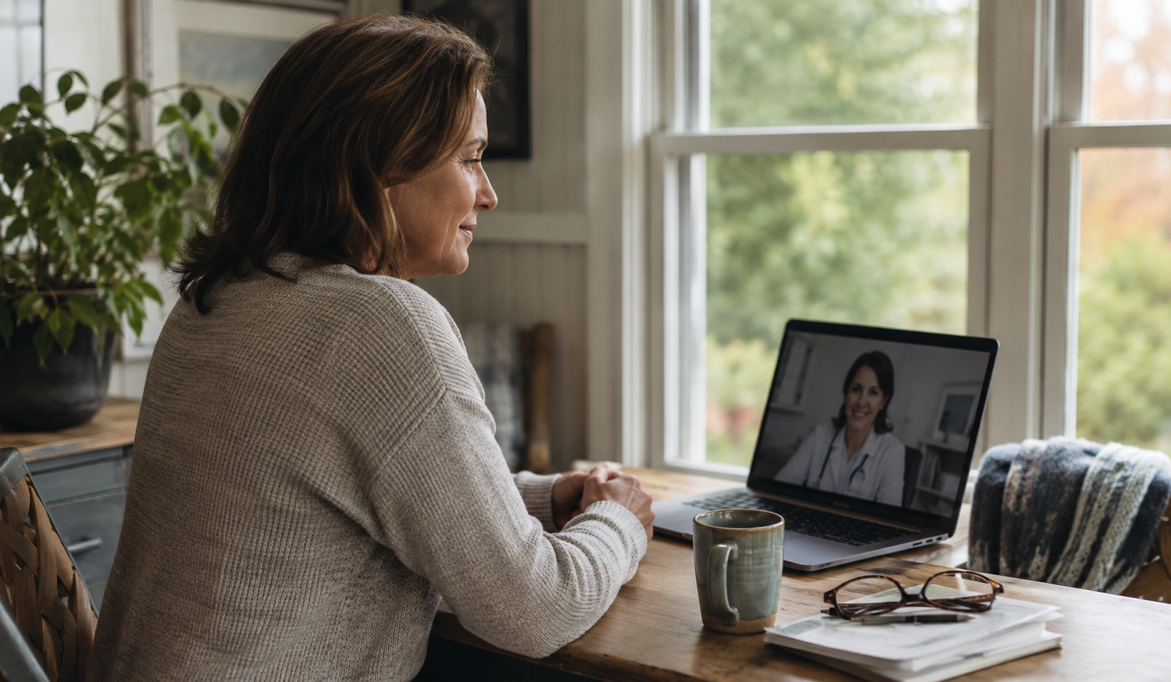 Woman speaking with a health care provider during a telehealth visit from home.