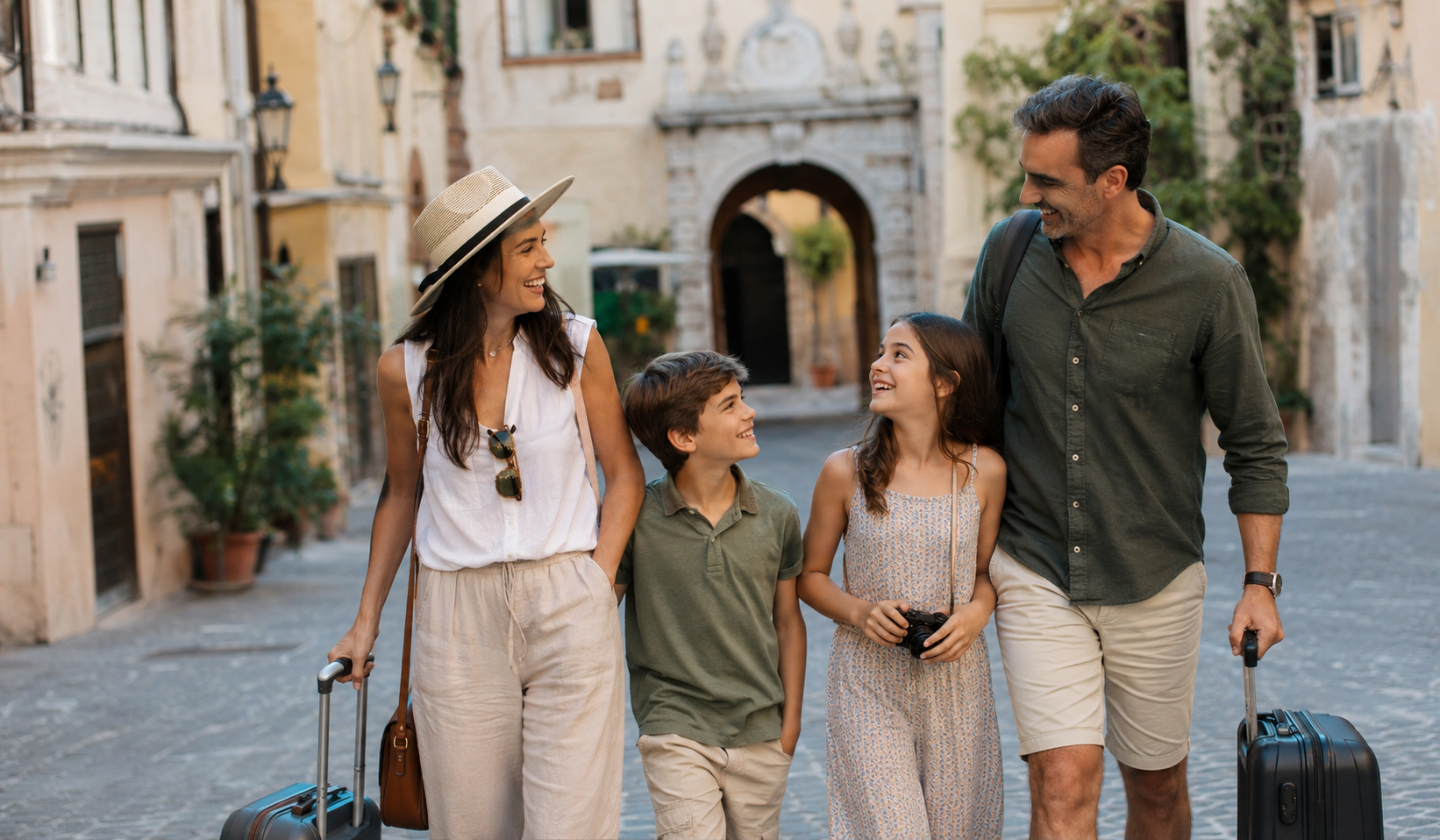 Family walking together with luggage on a cobblestone street while traveling abroad.