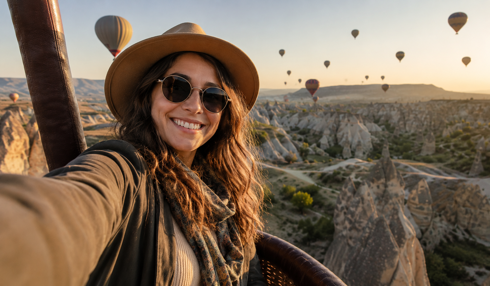 Woman taking a selfie from a hot air balloon while traveling internationally.