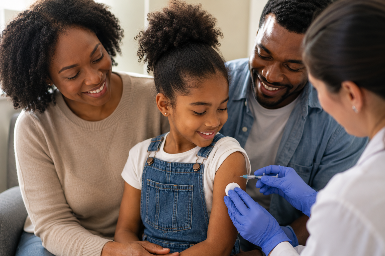 Child receiving a vaccination while a parent and healthcare provider offer support during a routine clinic visit.