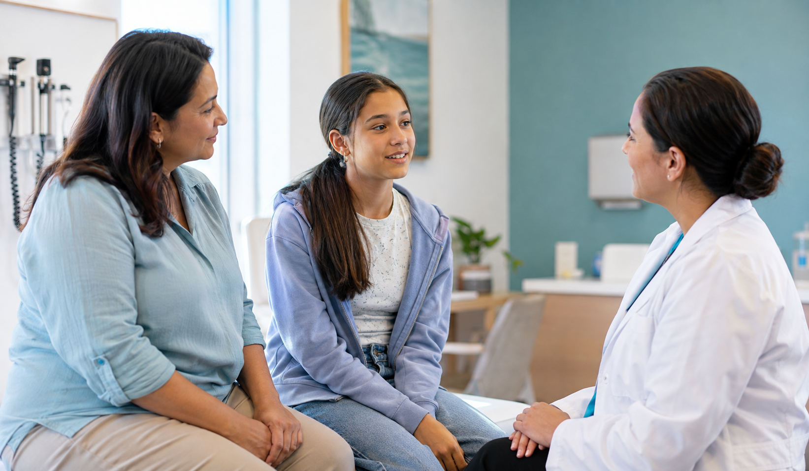 Parent and teen speaking with a health care provider during a routine checkup.